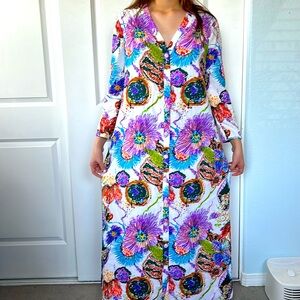 Vtg 60s ANDORA psychedelic house coat maxi dress loungewear XL purple flowers